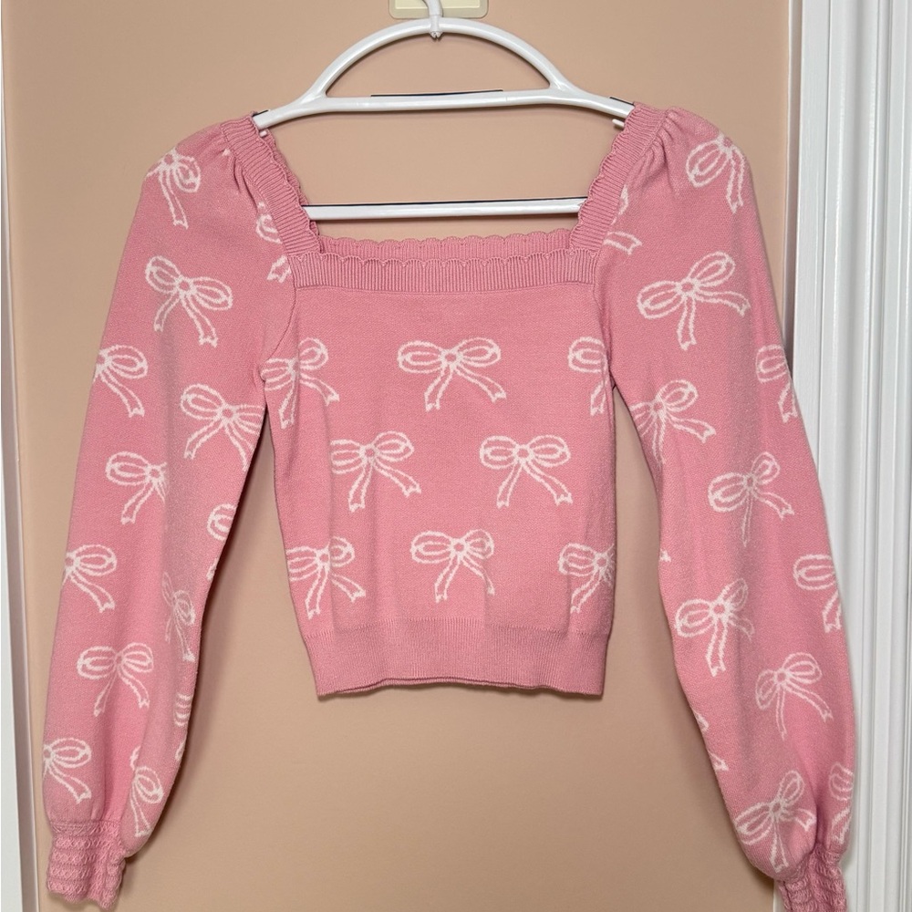 Willow & Wing Pink Bow Knit Long Sleeve Sweater | XS